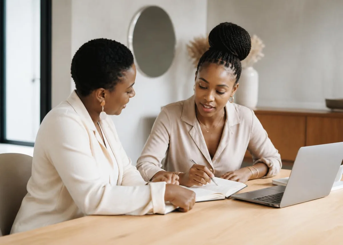 A Her Legacy Consulting business consultant working through a growth plan with a woman business owner at a table