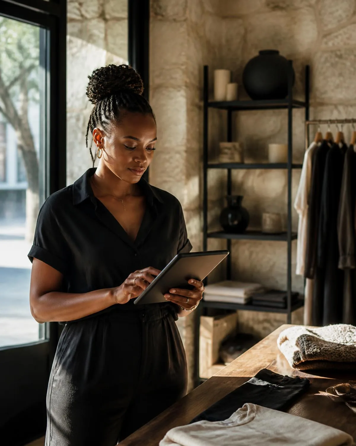 A small business owner reviewing stock and figures on a tablet in her boutique workshop in the Western Cape